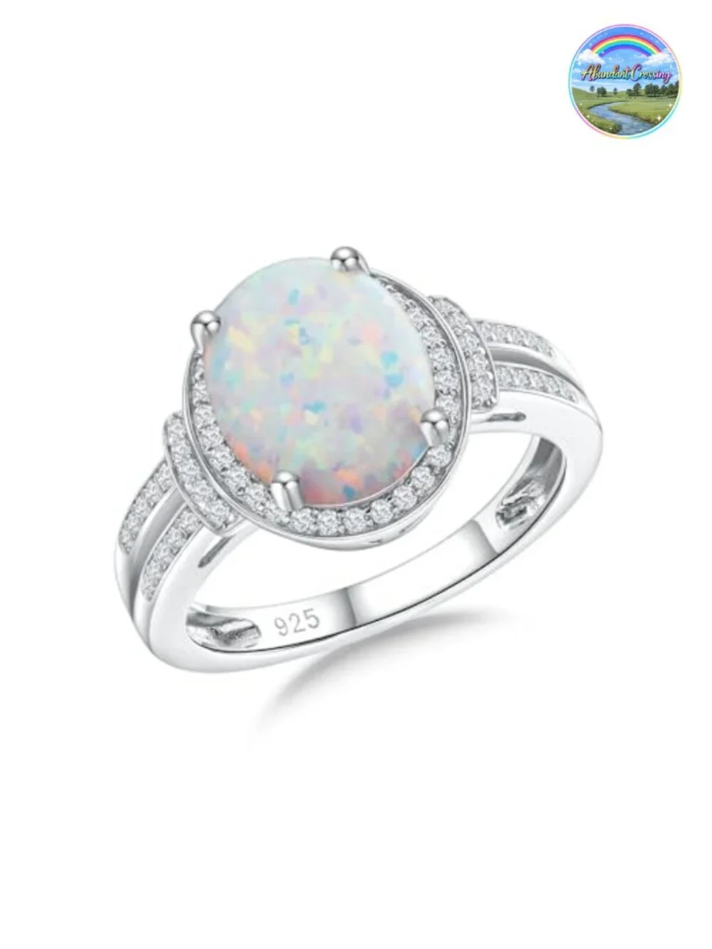 925 Sterling Silver 18k White Gold Plated Halo Engagement Ring, 5.5ct Oval Opal